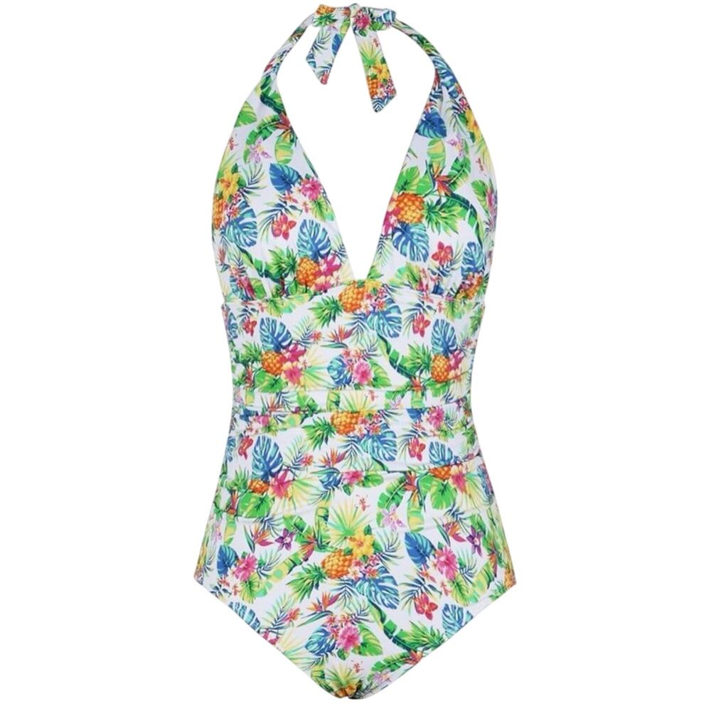 Firpearl White Tropical Pineapple Palm Halter Pin Up One Piece Swimsuit Size 12